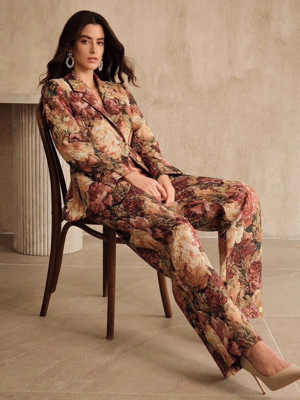Fashionable Slim Fit Elegant Vintage Floral Jacquard Casual Trousers For Women, Autumn/Winter