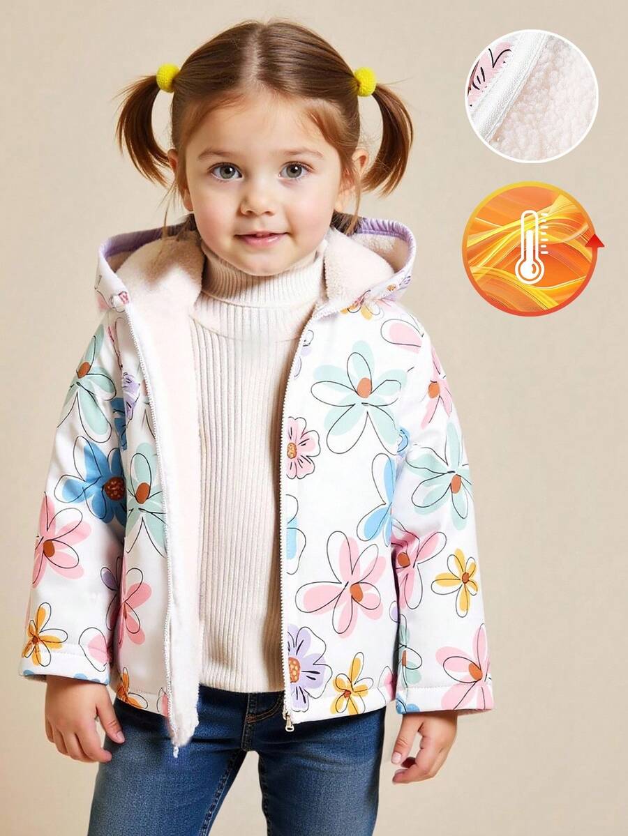 SHEIN Veste à capuche vintage à fleurs pour bébés filles, fermeture éclair, doublure thermique, vêtement d'extérieur décontracté et pour l'automne et l'hiver - Multicolore - Voir 1
