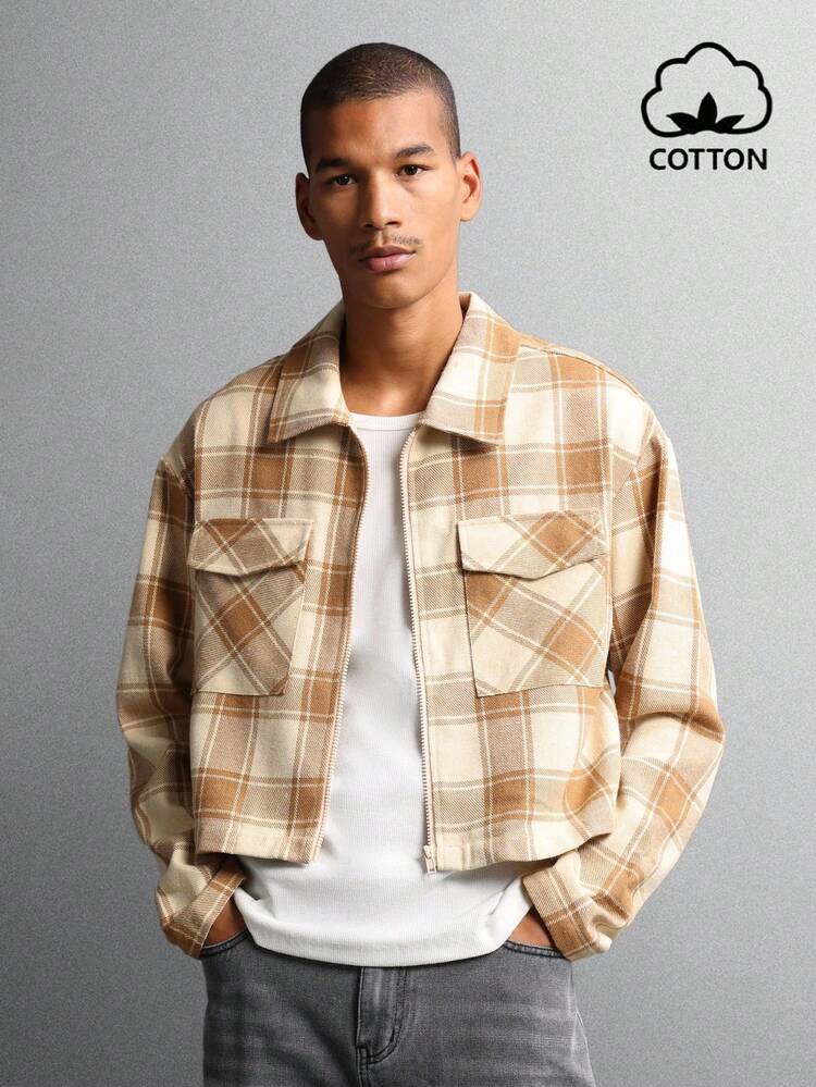 Plaid Zip Front Jacket With Flap Pockets