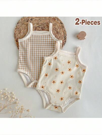 Loomiva 2pcs/Set Newborn Baby Girl Floral Print Soft Knitted Camisole Bodysuit Gender Neutral Baby Clothes Cotton Baby Clothes Checkered Baby Clothes Floral Baby Clothes Newborn Baby Clothes