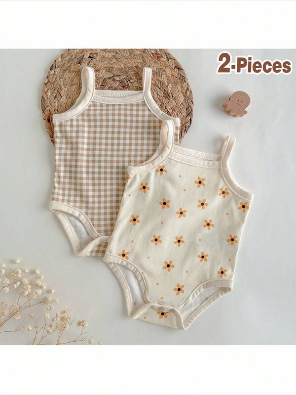 Loomiva 2pcs/Set Newborn Baby Girl Floral Print Soft Knitted Camisole Bodysuit Gender Neutral Baby Clothes Cotton Baby Clothes Checkered Baby Clothes Floral Baby Clothes Newborn Baby Clothes