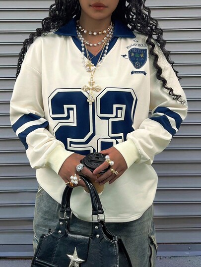 Rovax Women's Casual Polo Collar Numeric Print Drop Shoulder Long Sleeve Top