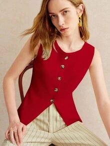 Pariaura 女式简约通勤优雅前扣圆领针织上衣 - 紅色 - 查看 3