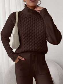 EURMUSE 2pcs Set: Cable Knit Turtleneck Long Sleeve Top And Solid Color Pants - Brown - View 6