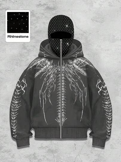 Anime Chaqueta con capucha con cremallera y estilo oscuro, con adornos de rhinestone, para hombres, para el otoño