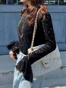 FRIFUL Versatile Black Lace Fitted Long Sleeve Turtleneck T-Shirt For Women - Black - View 7