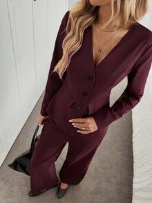 SHEIN LUNE 2 pièces/Set Chemise à manches longues avec boutons col V et pantalon évasé, tenue de bureau décontractée et élégante pour femme - Rouge foncé - Voir 5