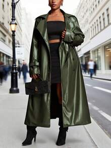 Slaydiva Autumn/Winter New Arrivals, Suitable For Easter, Western, Beach, Bohemian, Boho, Festival, Vintage, Country Music, Outdoor, Fairy, Holiday, Airport, Western, Tropical Vacation Styles, Spring/Summer Green Trench Coat Plus Size Trench Coat Faux Leather Trench Coat Women Trench Coat Long Green Coat Fall - Green - View 3