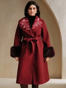 Anewsta 大码女式宽松长款优雅时尚仿毛皮袖口大衣，适合秋季、冬季、新年、圣诞节、外出等场合 - 紅色 - 查看 3