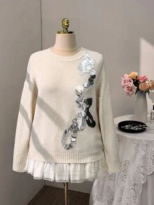 Sweetra 加大码手工亮片针织套头衫，温暖舒适的冬季穿搭 - 杏色 - 查看 1