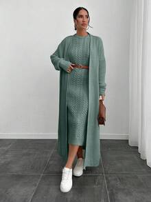 EURMUSE 2pcs Set: Thick Cable Knit Twist Flower Cardigan & Dress - Mint Green - View 1