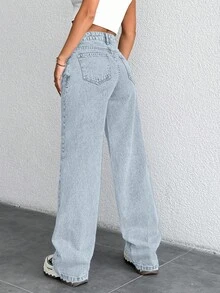 SHEIN Cottnline Quần jean ống rộng cạp trễ 100% cotton giặt tuyết - Màu xanh nhạt - Xem 2
