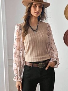 LanaWest Maglione basic con motivo floreale e blocchi di colore, adatto per l'autunno/inverno e l'uso quotidiano - Multicolore - Visualizzare 5