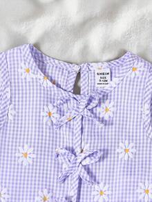 SHEIN Vintaside Kids Baby Girls 2-Piece Set, Blue & White Striped Floral Print Sleeveless Top Paired With Matching Pants, Fresh Countryside Style, Suitable For Beach Vacation, Park Outing, Daily Wear - Mauve Purple - View 6