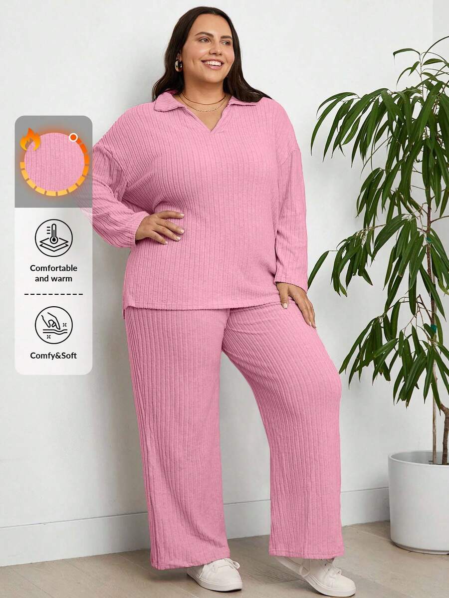EURMUSE Plus Size Casual Loose Long Sleeve Top And Wide Leg Pants 2 Pieces Set - Baby Pink - View 1