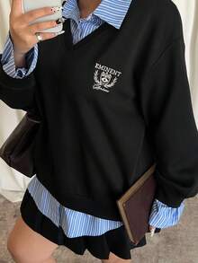 Dazy Plus Áo nỉ dày lót nhiệt cổ áo thêu họa tiết tương phản màu rộng, cỡ lớn dành cho nữ, mùa thu/đông - màu đen - Xem 1