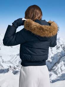 In My Nature Chaqueta corta vintage para uso diario, abrigo acolchado con capucha y cuello de piel gruesa de color azul marino para mujer, para invierno - Azul Marino - Ver 3