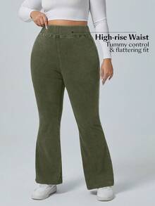 Flexra Plus Size Solid Color Elastic Waist Stretchy Knit Casual Wide Leg Flare Jeans - Army Green - View 5