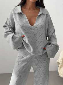 EURMUSE Woman Checkered Jacquard Polo Neck Two Pieces Sweater And Pants Co-Ords - Light Grey - View 5