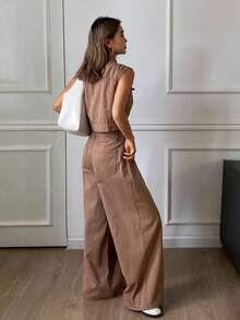 DAZY 女士休闲牛仔背心和阔腿裤套装，秋季 - 咖啡棕 - 查看 2