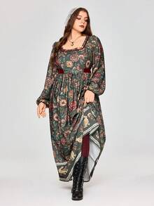 ROMWE EDITION Vintage Medieval Floral Print A-Line Plus Size Dress - Multicolor - View 9
