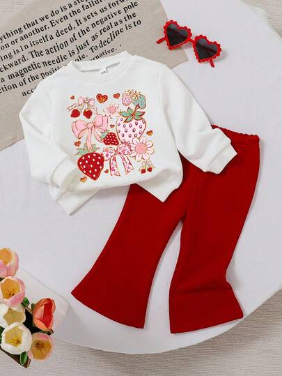 SHEIN Vintaside Kids 两件套女婴装，甜美可爱的草莓蝴蝶结印花圆领长袖运动衫和喇叭裤，适合秋冬季外出