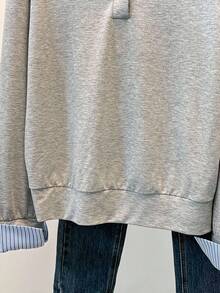Franclia Women's Casual All-Match Autumn And Winter Striped Lapel Stitching Contrast Color False Two-Piece Loose Lazy Women's Autumn And Winter Sweatshirt Tops Going Out Tops Women's Autumn Matching - Light Grey - View 4