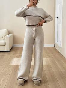 EURMUSE 女士撞色边饰优质拉绒纱舒适保暖毛衣和毛衣裤两件套 - 米色 - 查看 7