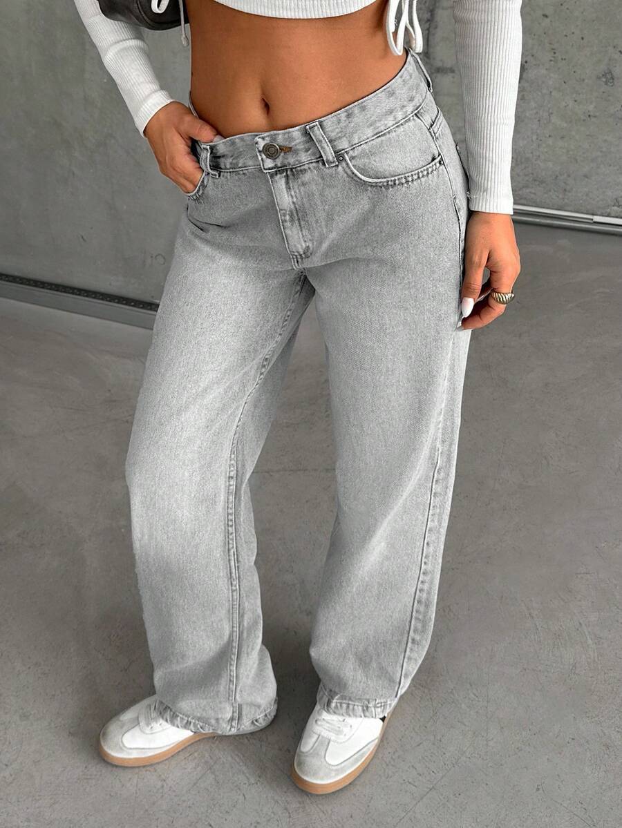 EURMUSE WOMEN STRAIGHT LOW WAIST JEANS - Grey - View 1