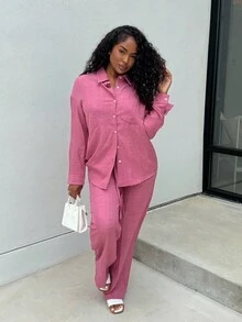 Alexandranx Women's 2 Pieces Outfit Summer Casual Suit Homewear Beach Vacation Apparel Long Pants + Long Sleeve Shirt Set, Brunch Outfit, Music Festival Dress, 2 Pieces Summer Set, Elegant Party Dress - Hot Pink - View 5