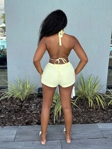 Alexandranx Set de 2 piezas de top halter y shorts para mujer, moda de verano - Amarillo - Ver 2