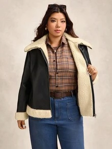 Comfylo 大码女式复古机车仿皮草长袖夹克外套，秋冬 - 黑色 - 查看 5