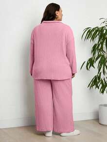 EURMUSE Plus Size Casual Loose Long Sleeve Top And Wide Leg Pants 2 Pieces Set - Baby Pink - View 2