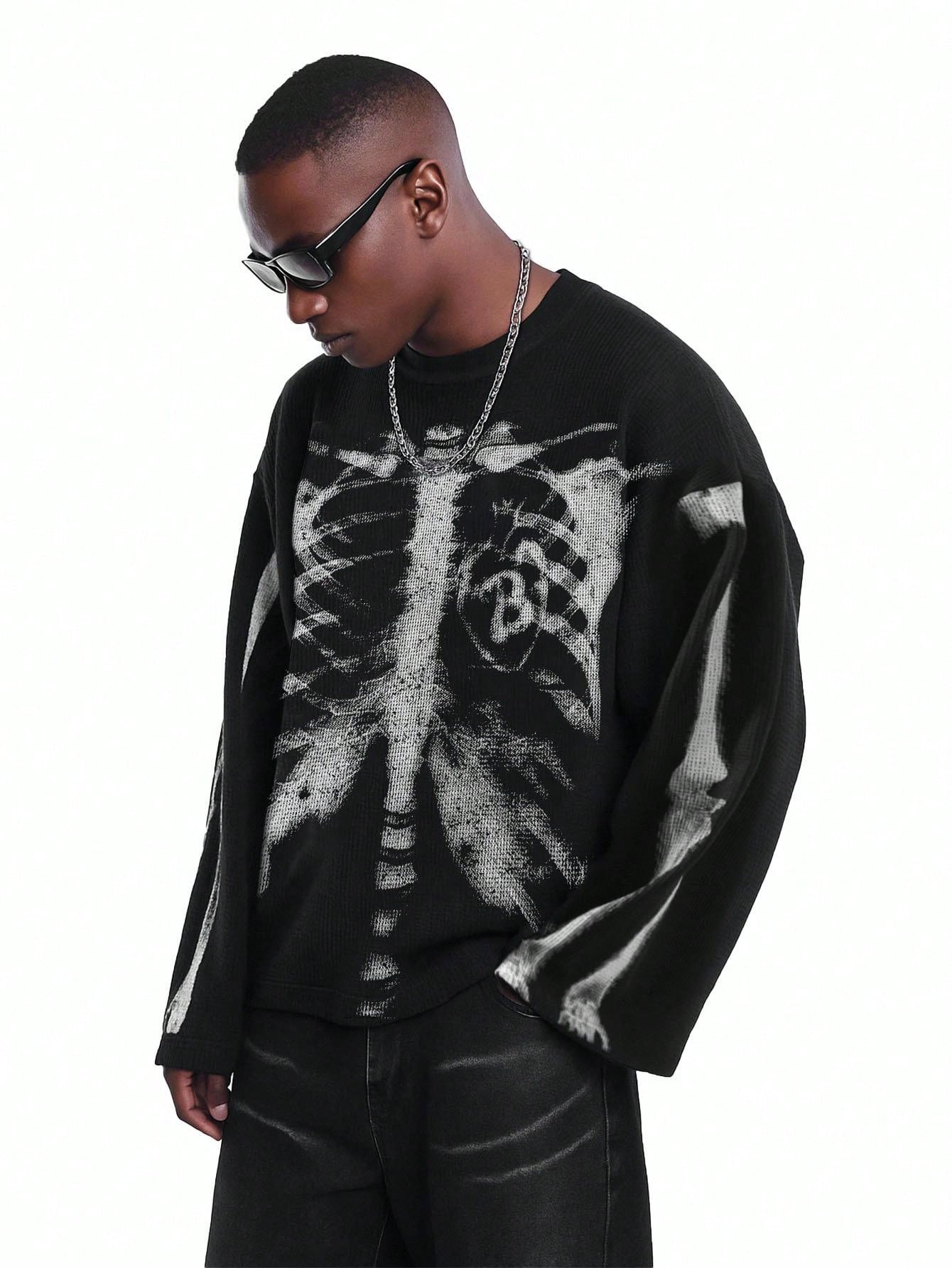 Skeleton X Ray Print Oversized Long Sleeve T Shirt, Gothic Alternative Grunge