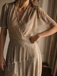 MOTF PREMIUM ASYMMETRICAL HEM WAIST TIE SHIRRED MIDI DRESS - Apricot - View 2