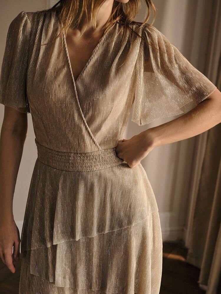 ASYMMETRICAL HEM WAIST TIE SHIRRED MIDI DRESS