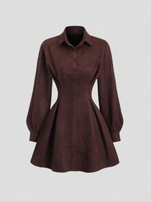 Sweetra Women's New Spring/Autumn Suitable For Travel, Vacation, Commute, College Style Solid Color Suede Fabric Waist Ruched Design A-Line Mini Dress - Coffee Brown - View 1