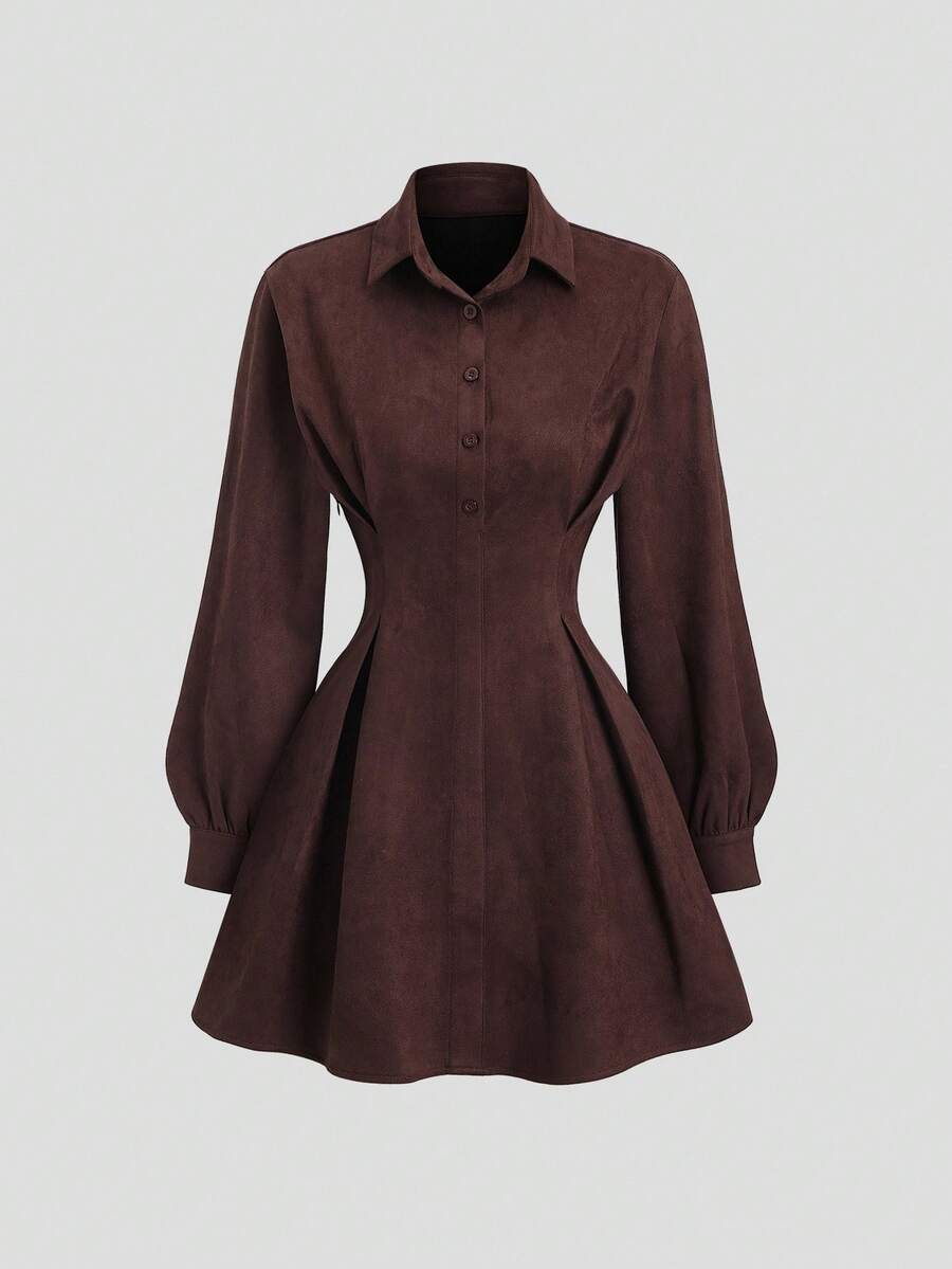 Sweetra Women's New Spring/Autumn Suitable For Travel, Vacation, Commute, College Style Solid Color Suede Fabric Waist Ruched Design A-Line Mini Dress - Coffee Brown - View 1