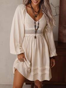 LanaWest Váy ngắn phong cách Bohemian cổ điển màu mơ thời trang cho nữ, tay dài, cạp chun, viền rộng, cổ chữ V khoét rỗng, chắp vá, thu đông - Màu be - Xem 1