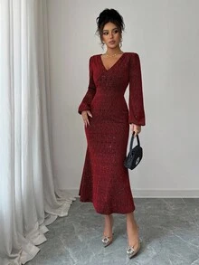 DAZY Elegant Sequin V-Neck Fishtail Midi Dress For Women, Autumn Red Women Dresses Prom Dress Christmas - Burgundy - View 4