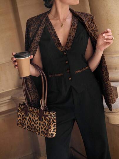 Lavishia Women's Contrast Leopard Print Single-Breasted Vest Blazer In Fall/Winter Women's Winter Coat  Leopard Print Fall Clothes Elegant Black Jacket