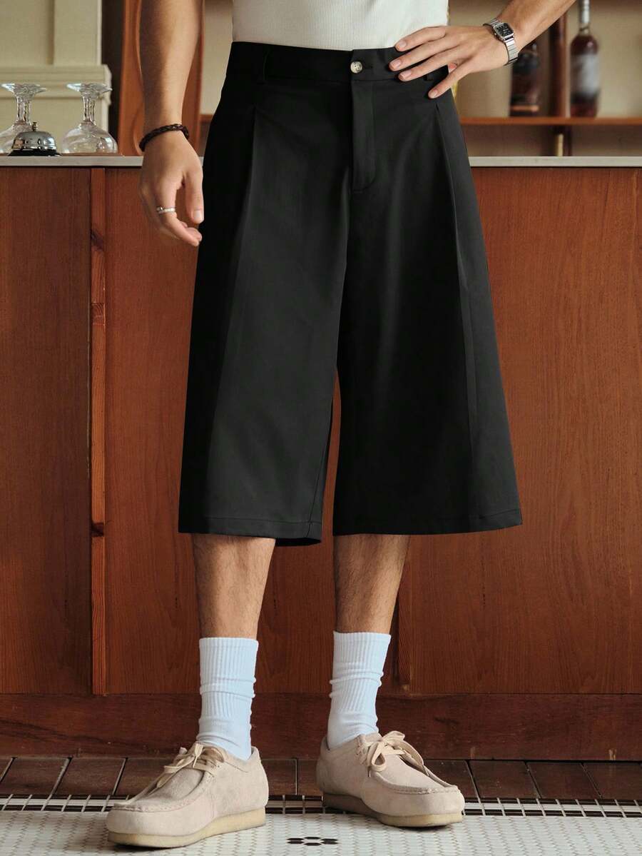 SWAVVY Men's Casual Loose Solid Color Woven 3/4 Pants, Everyday Wear - Black - View 1