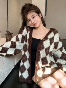 DAZY Women's Loose Casual Plaid & Diamond Pattern Color Block Long Cardigan, Suitable For Autumn & Winter