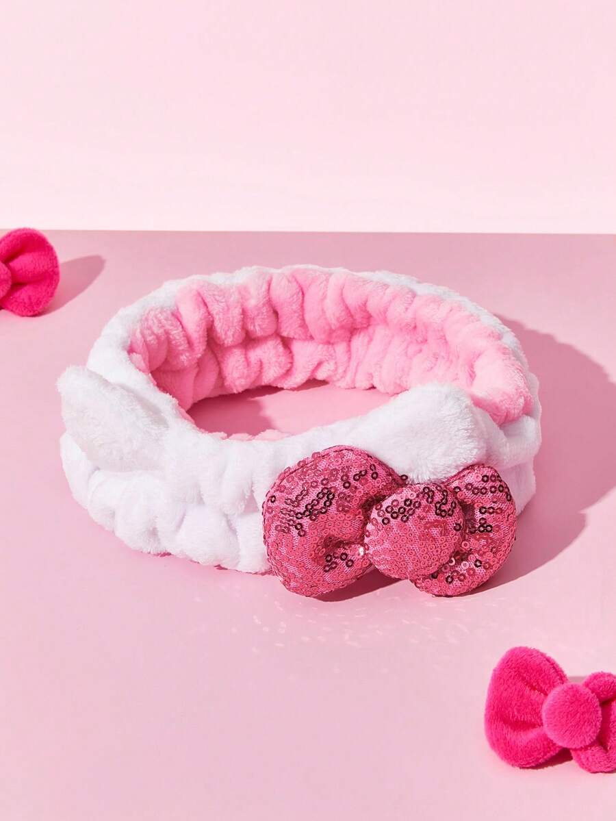 HELLO KITTY AND FRIENDS | SHEIN Einzelne funkelnde Pailletten-Schleife Deko weicher dehnbarer Haarreif, für Zuhause, Badezimmer Dekoration, Sommer - Babypink - Übersicht 1
