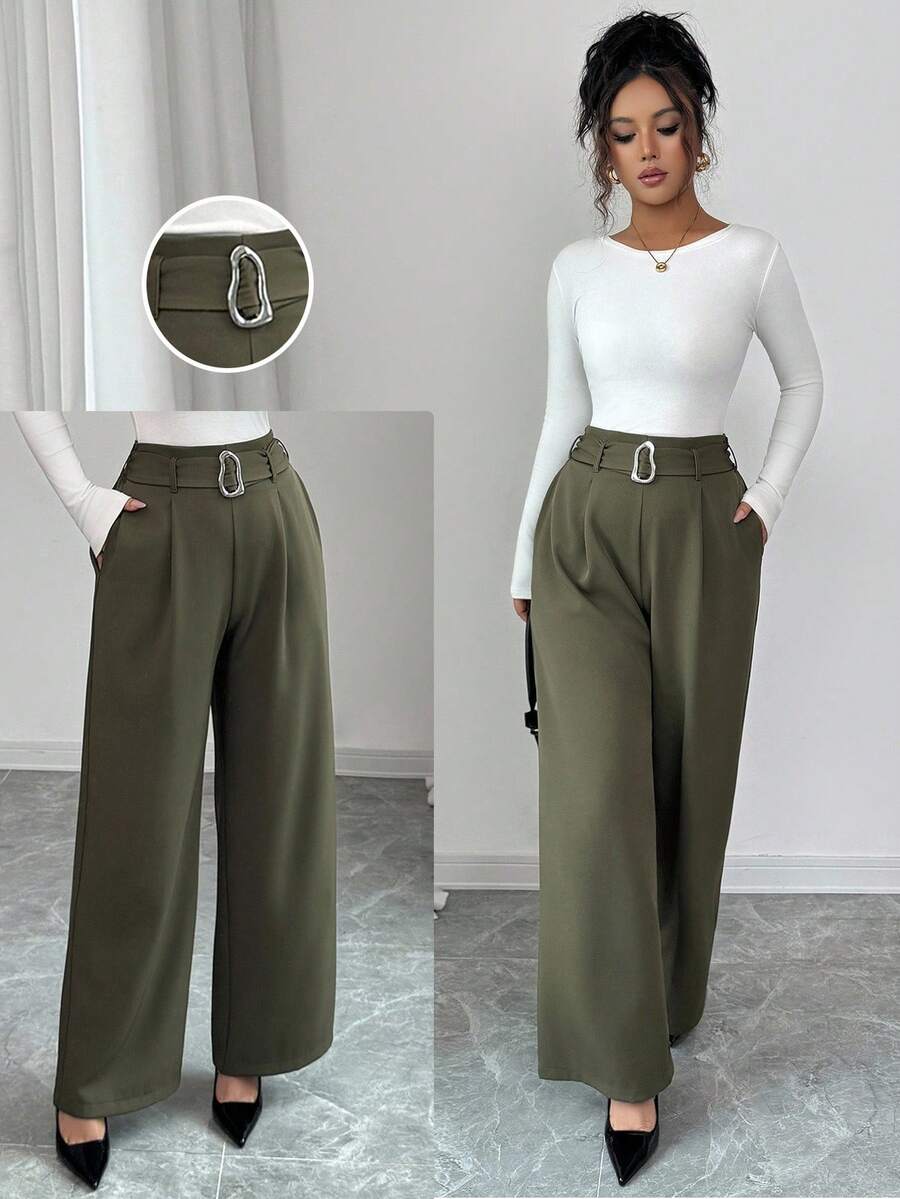 Selianne Women's Elegant Olive Green Wide Leg Pants,Autumn Office Wear Solid Color Button Waist Casual Trousers,Spring/Summer/Winter Daily Commute Party Wear - Army Green - View 1