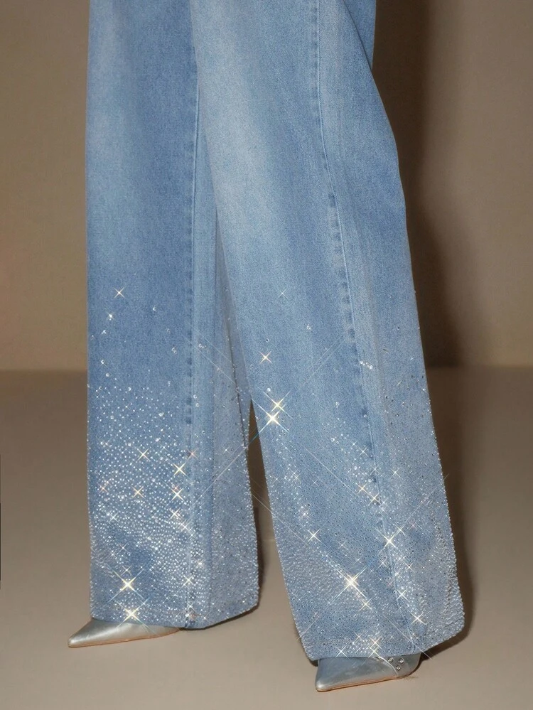 New Rhinestone Embellished Blue Straight Leg Jeans For Women, Suitable For Valentine's Day Party