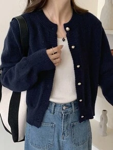 Dazy-Less Cárdigan de punto informal de negocios para mujer, parte superior de manga larga con estilo "Old Money", ropa de otoño - Azul Marino - Ver 5