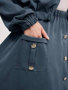 Veilorie 2 件套：工作服口袋设计夹克，立领和腰部收腰裙，休闲办公服 2 件套 - 藍色 - 查看 6