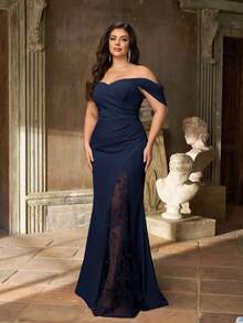 Aureia Gaun Pesta Pernikahan Formal Musim Panas Warna Biru Tua Elegan Ukuran Plus, Gaun Tanpa Bahu dengan Detail Kerut, Bordir Jala, Motif Bunga 3D, Belahan Palsu, dan Potongan Ekor Ikan. - Navy Blue - View 3