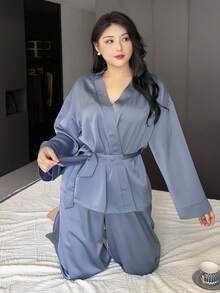 Dazy Plus 2pcs/Set Elegant Plus Size Women Casual Solid Color Lace-Up Top And Pants Pajama Set, Fall Clothes - Royal Blue - View 4